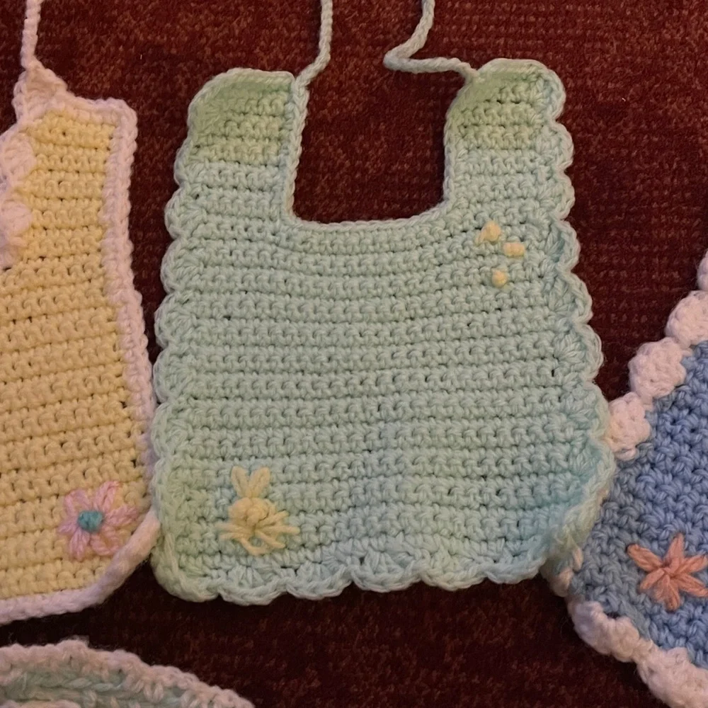 Five Crocheted Baby Bibs, Yellow/White; Green; Blue/White w/ Pink Flowers